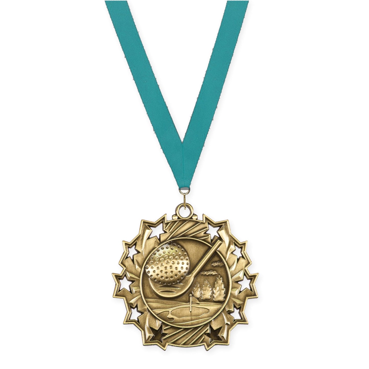 2 1/4 inch golf Ten Star medal in antique gold with Teal neck ribbon