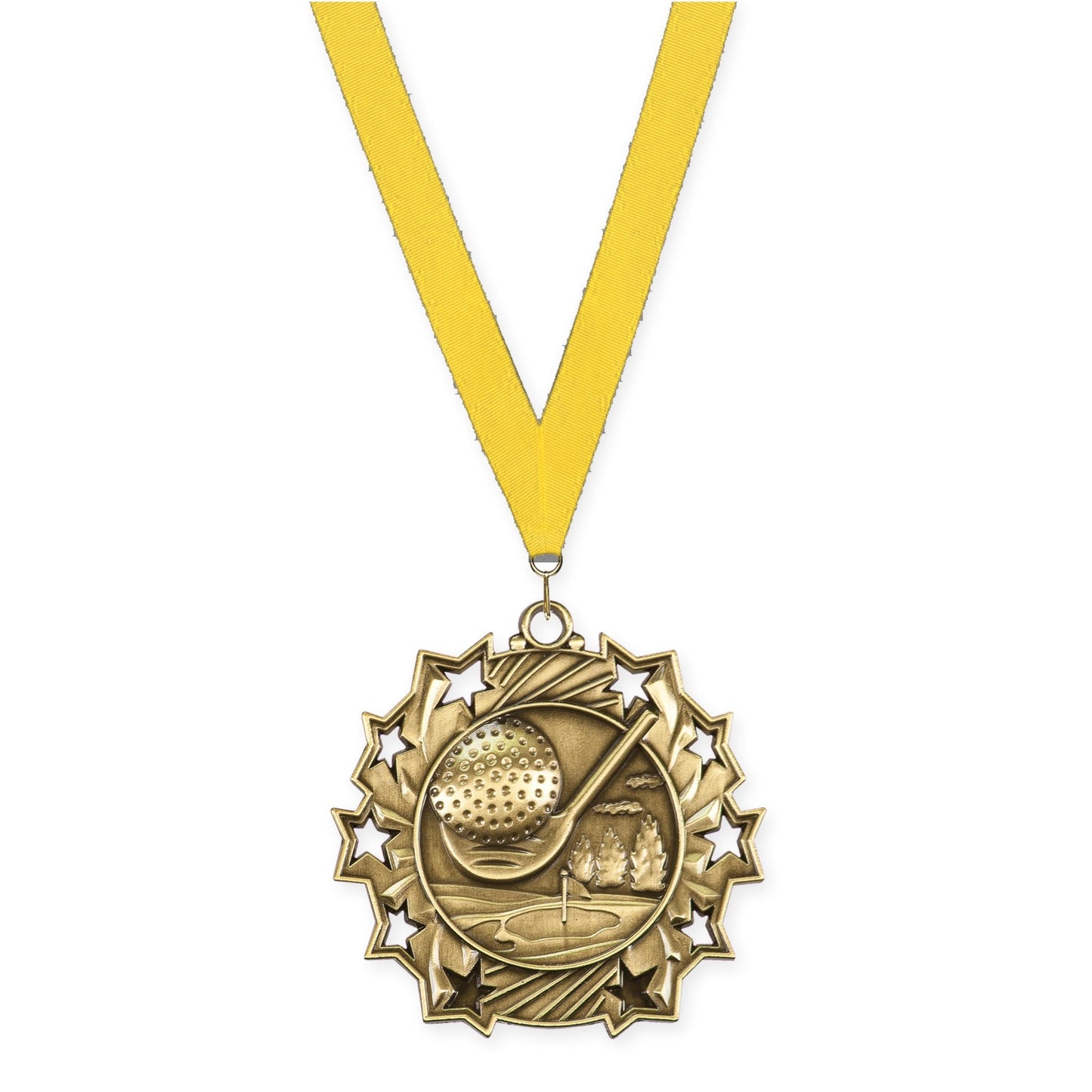 2 1/4 inch golf Ten Star medal in antique gold with Yellow neck ribbon
