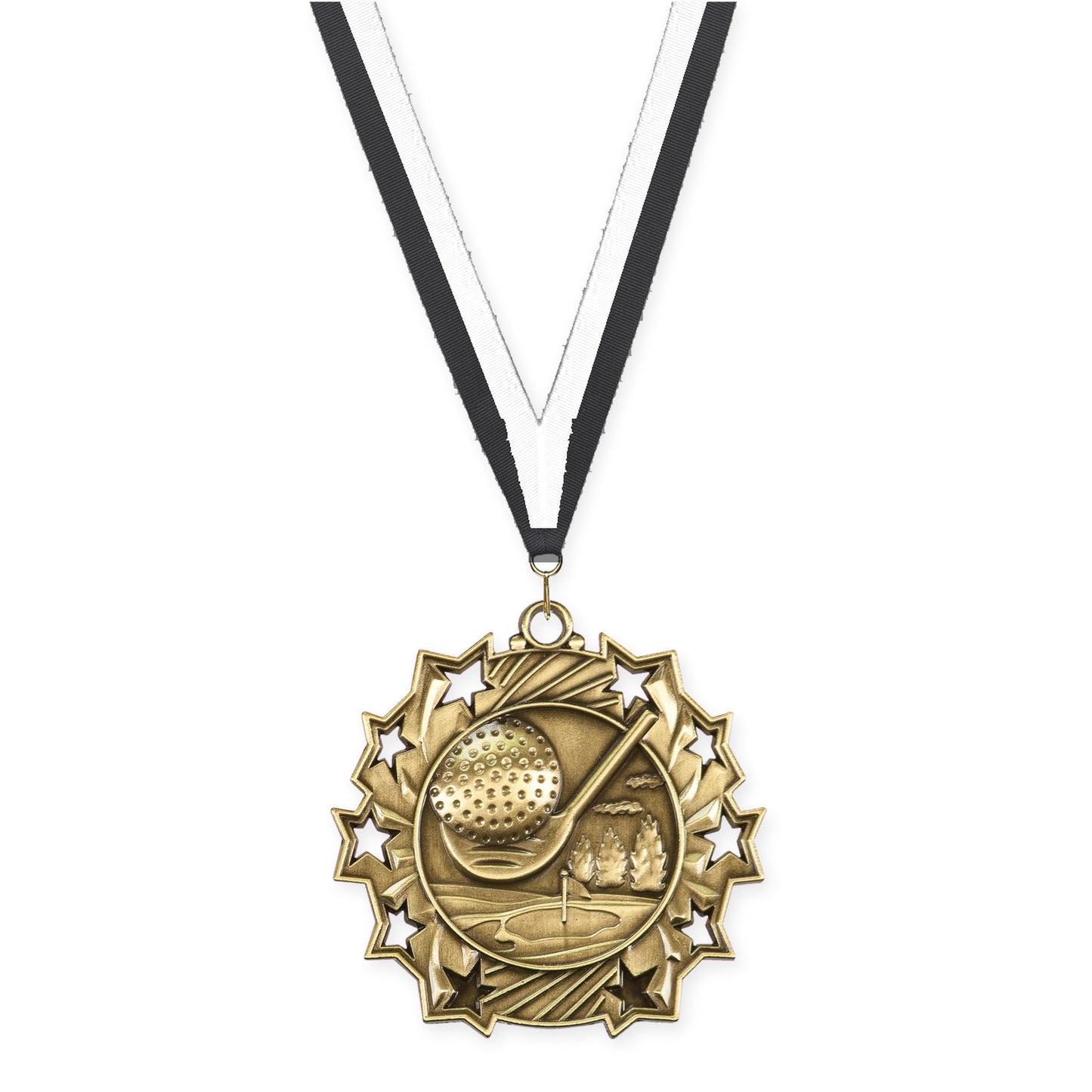 2 1/4 inch golf Ten Star medal in antique gold with Black White neck ribbon