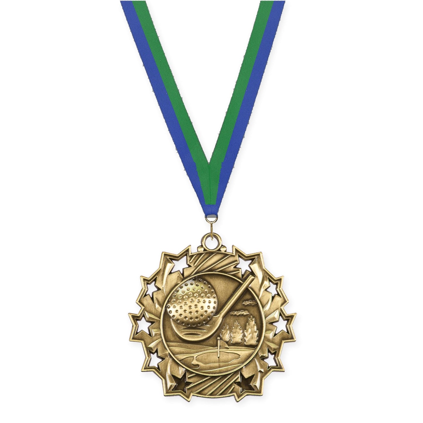 2 1/4 inch golf Ten Star medal in antique gold with Blue Green neck ribbon