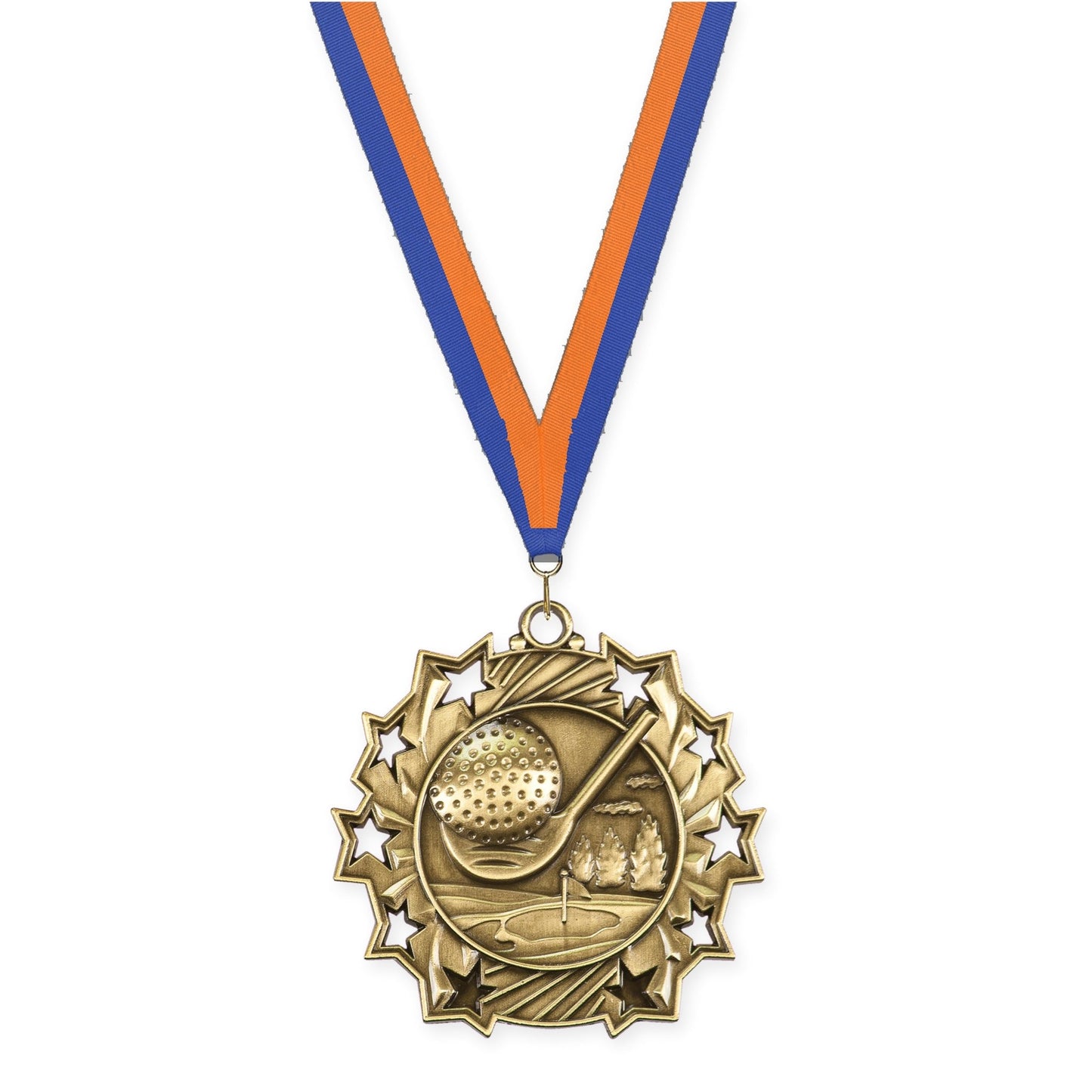 2 1/4 inch golf Ten Star medal in antique gold with Blue Orange neck ribbon