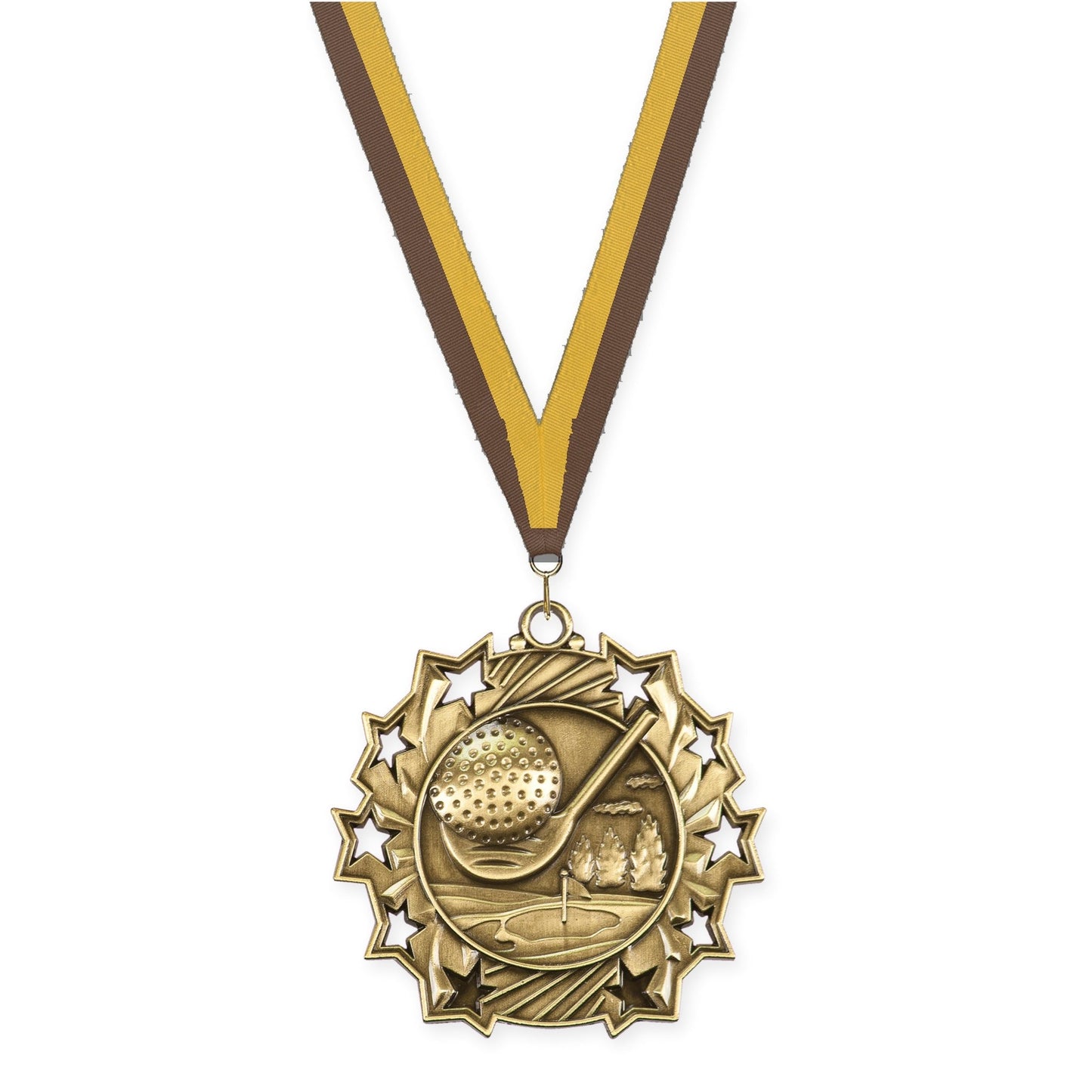 2 1/4 inch golf Ten Star medal in antique gold with Brown Gold neck ribbon