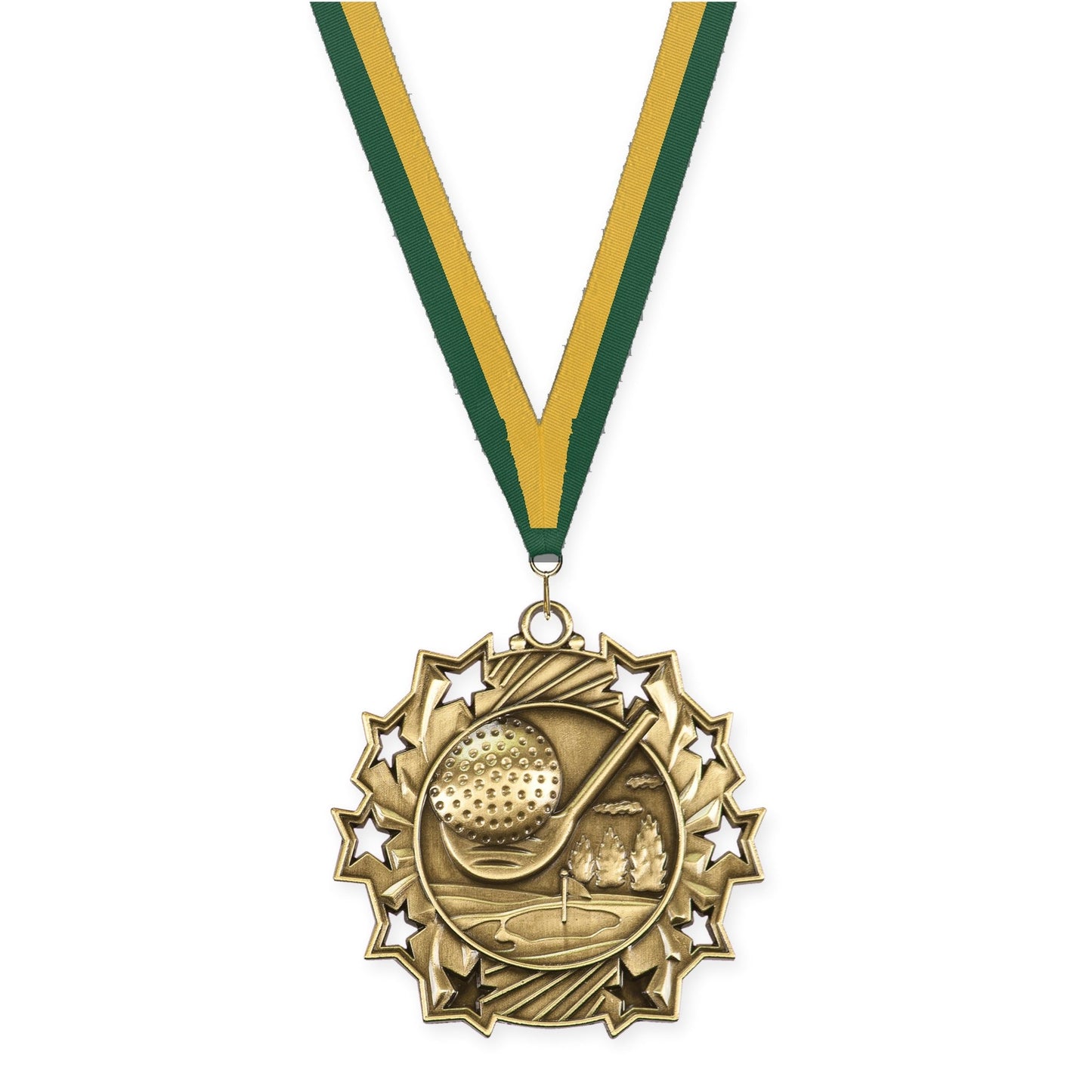 2 1/4 inch golf Ten Star medal in antique gold with Hunter Green Gold neck ribbon