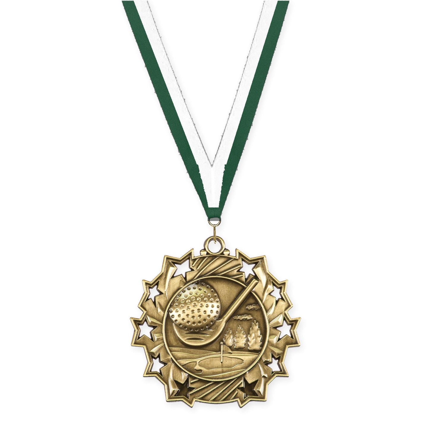 2 1/4 inch golf Ten Star medal in antique gold with Hunter Green White neck ribbon