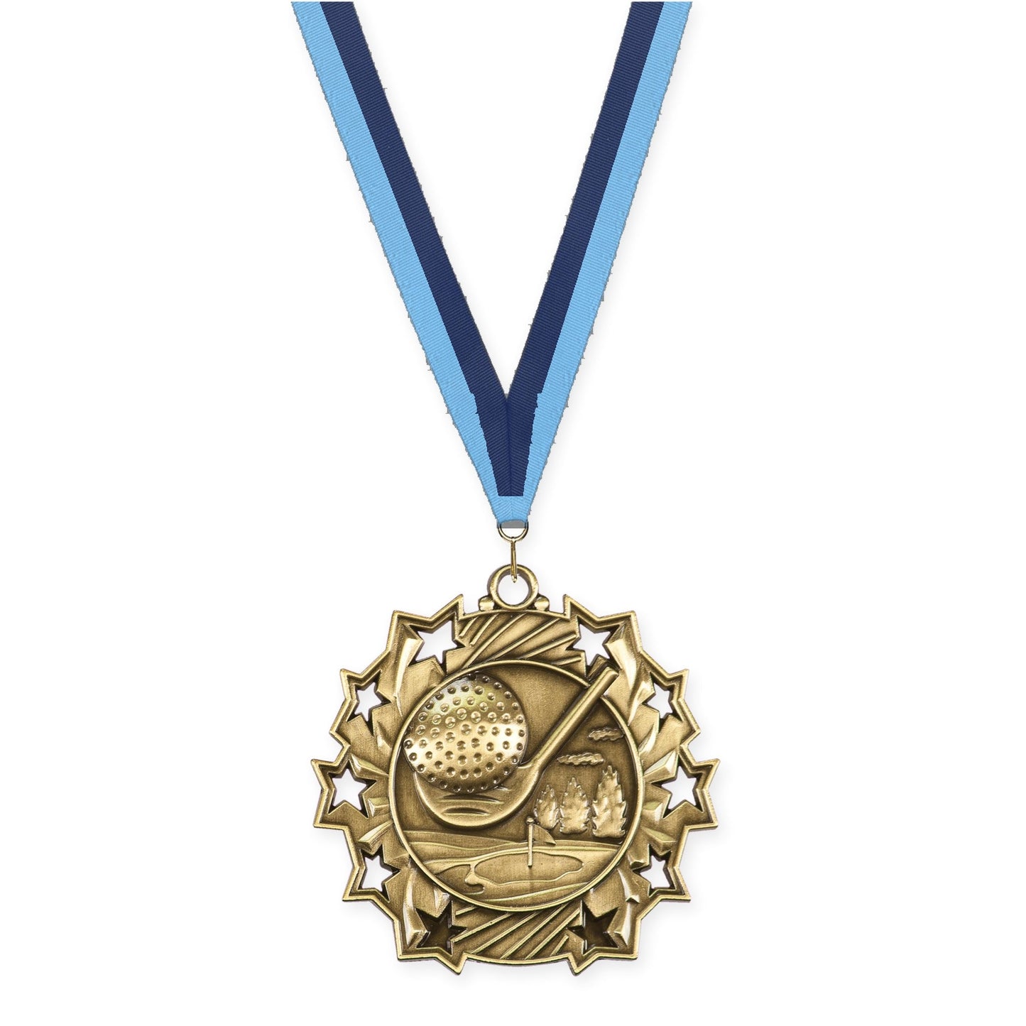 2 1/4 inch golf Ten Star medal in antique gold with Light Blue Navy neck ribbon