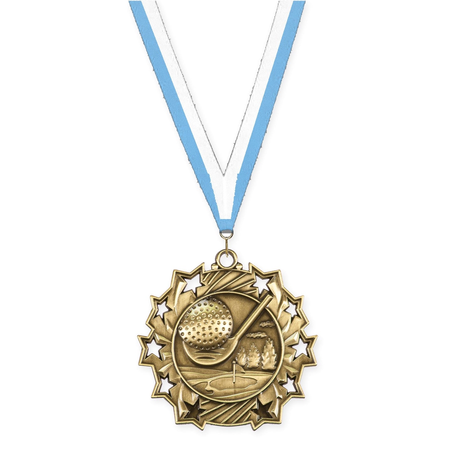 2 1/4 inch golf Ten Star medal in antique gold with Light Blue White neck ribbon