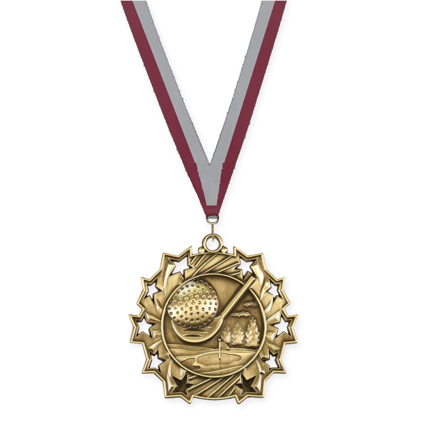 2 1/4 inch golf Ten Star medal in antique gold with Maroon Gray neck ribbon