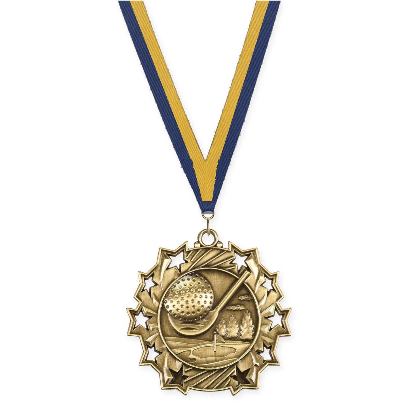 2 1/4 inch golf Ten Star medal in antique gold with Navy Gold neck ribbon