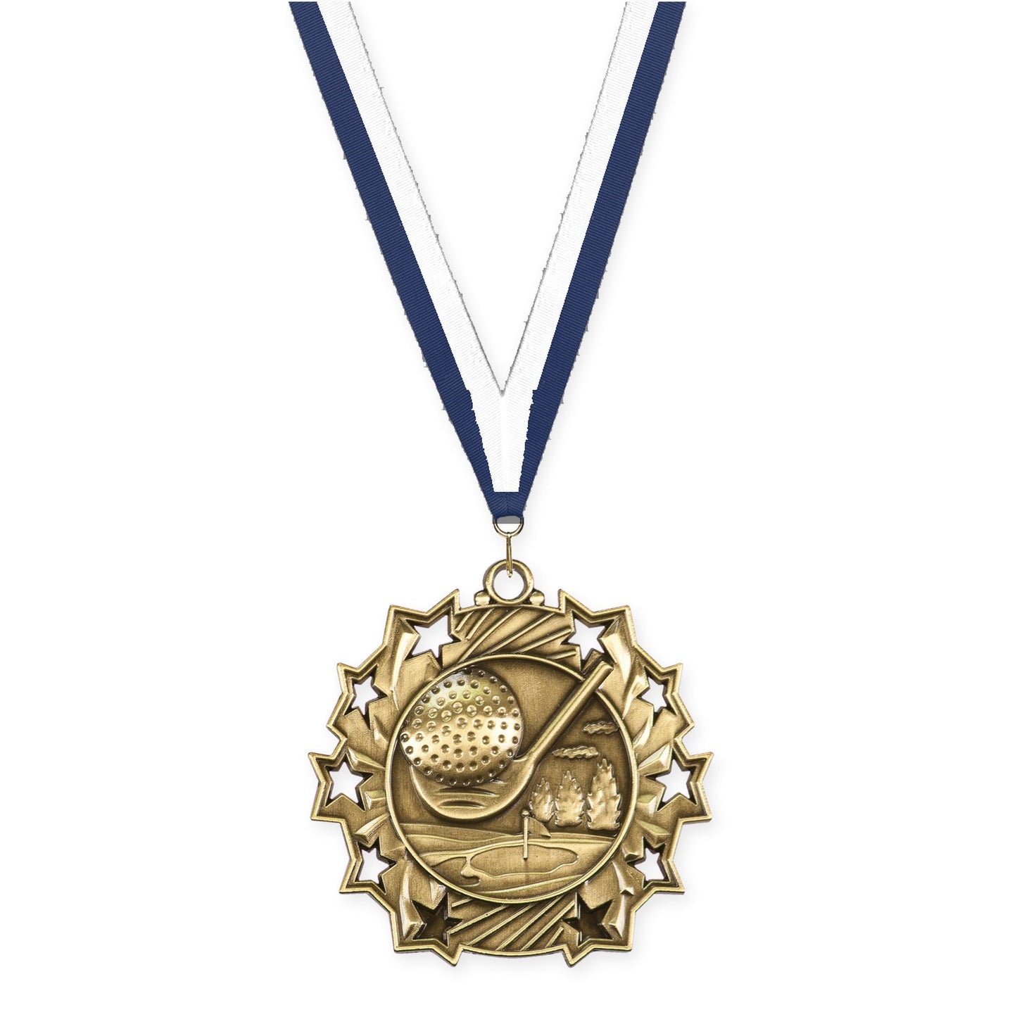 2 1/4 inch golf Ten Star medal in antique gold with Navy White neck ribbon