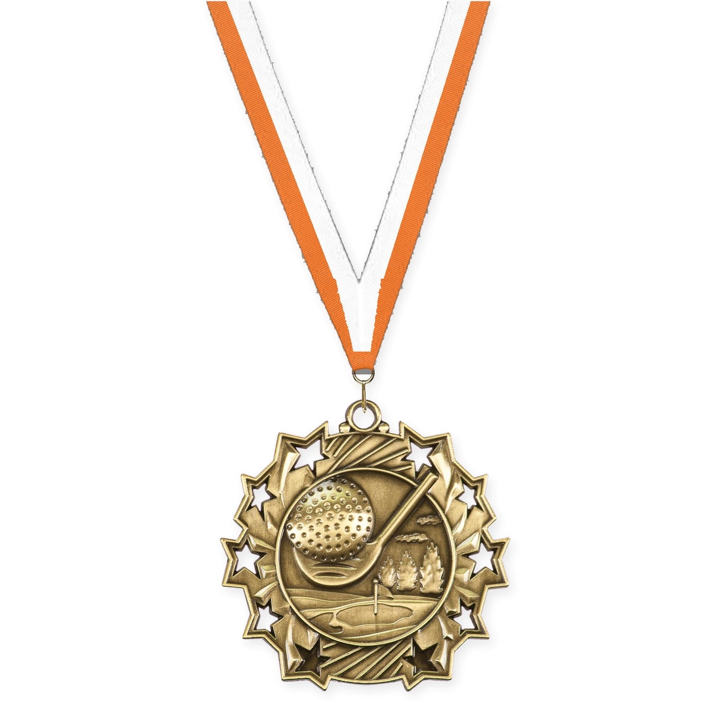 2 1/4 inch golf Ten Star medal in antique gold with Orange White neck ribbon