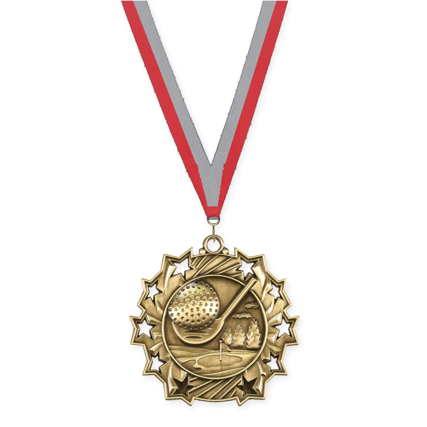 2 1/4 inch golf Ten Star medal in antique gold with Red Gray neck ribbon