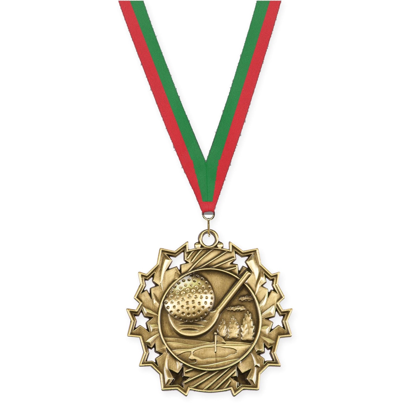 2 1/4 inch golf Ten Star medal in antique gold with Red Green neck ribbon