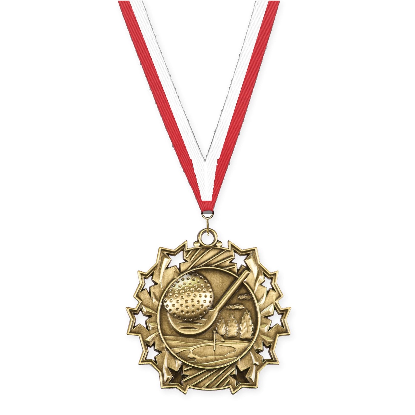 2 1/4 inch golf Ten Star medal in antique gold with Red White neck ribbon