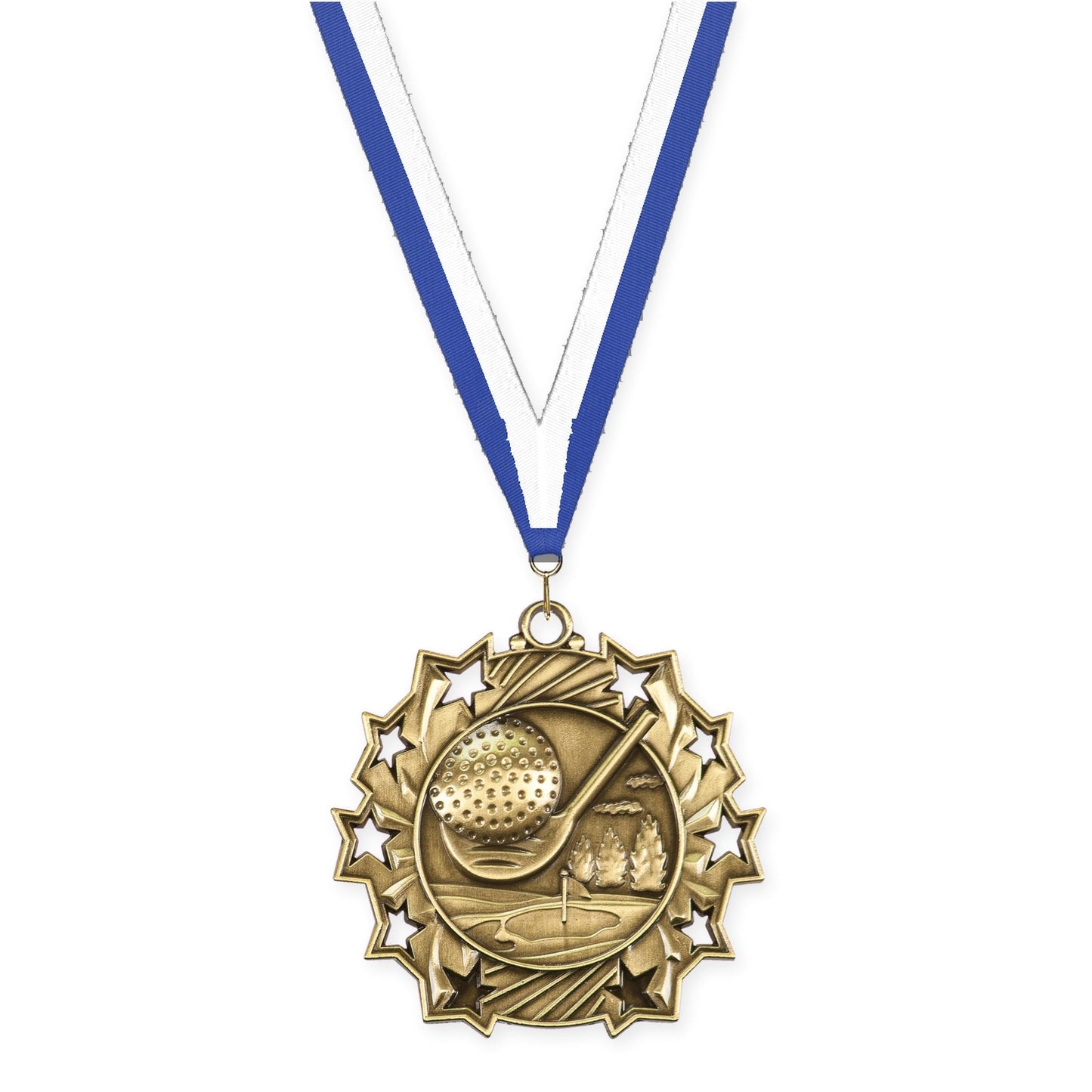2 1/4 inch golf Ten Star medal in antique gold with Blue White neck ribbon