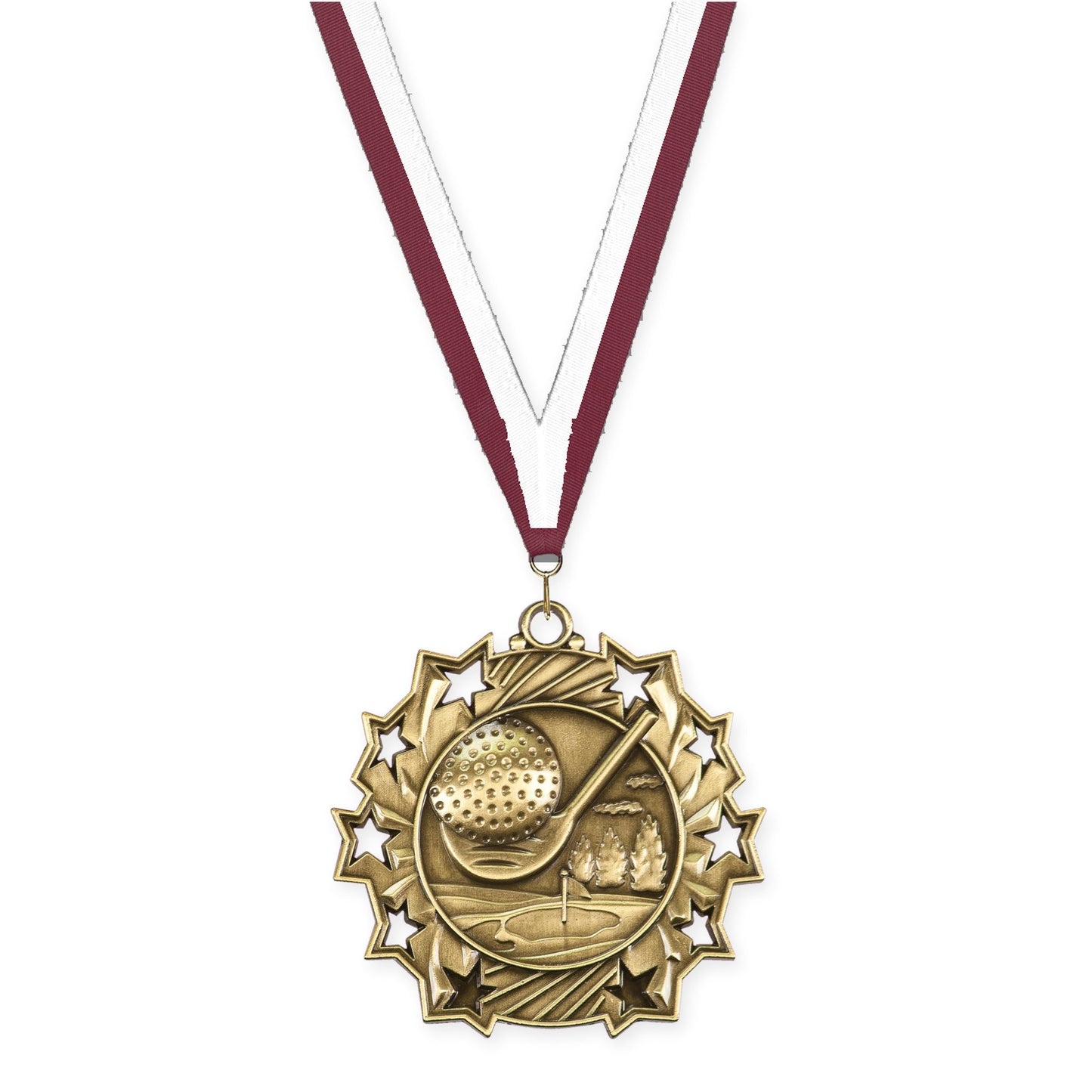 2 1/4 inch golf Ten Star medal in antique gold with Maroon White neck ribbon