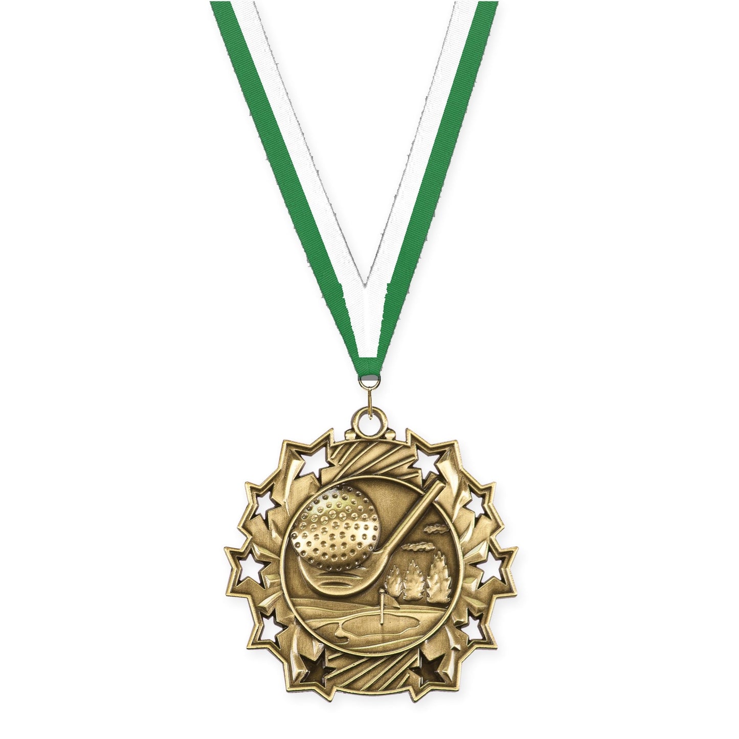 2 1/4 inch golf Ten Star medal in antique gold with Green White neck ribbon