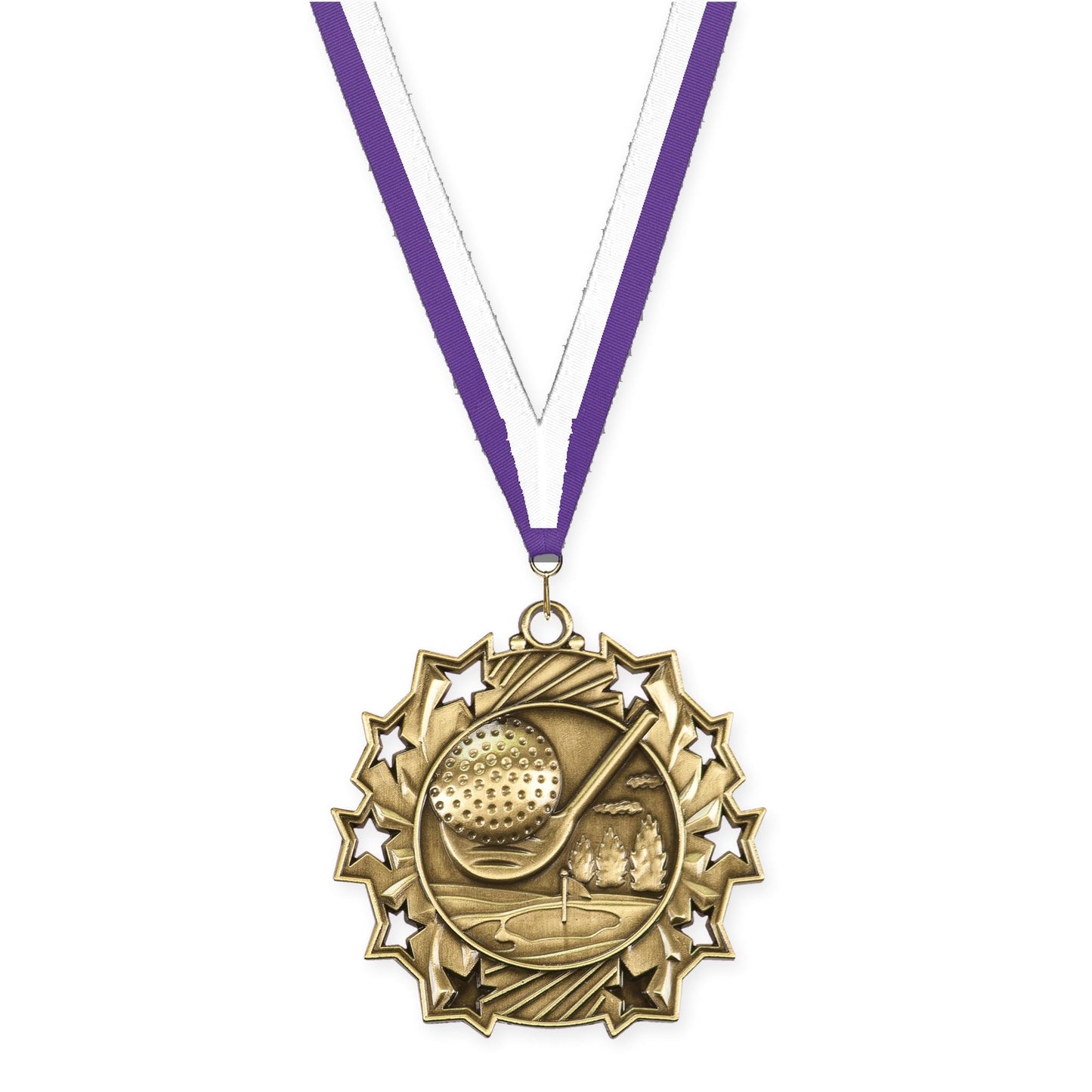 2 1/4 inch golf Ten Star medal in antique gold with Purple White neck ribbon
