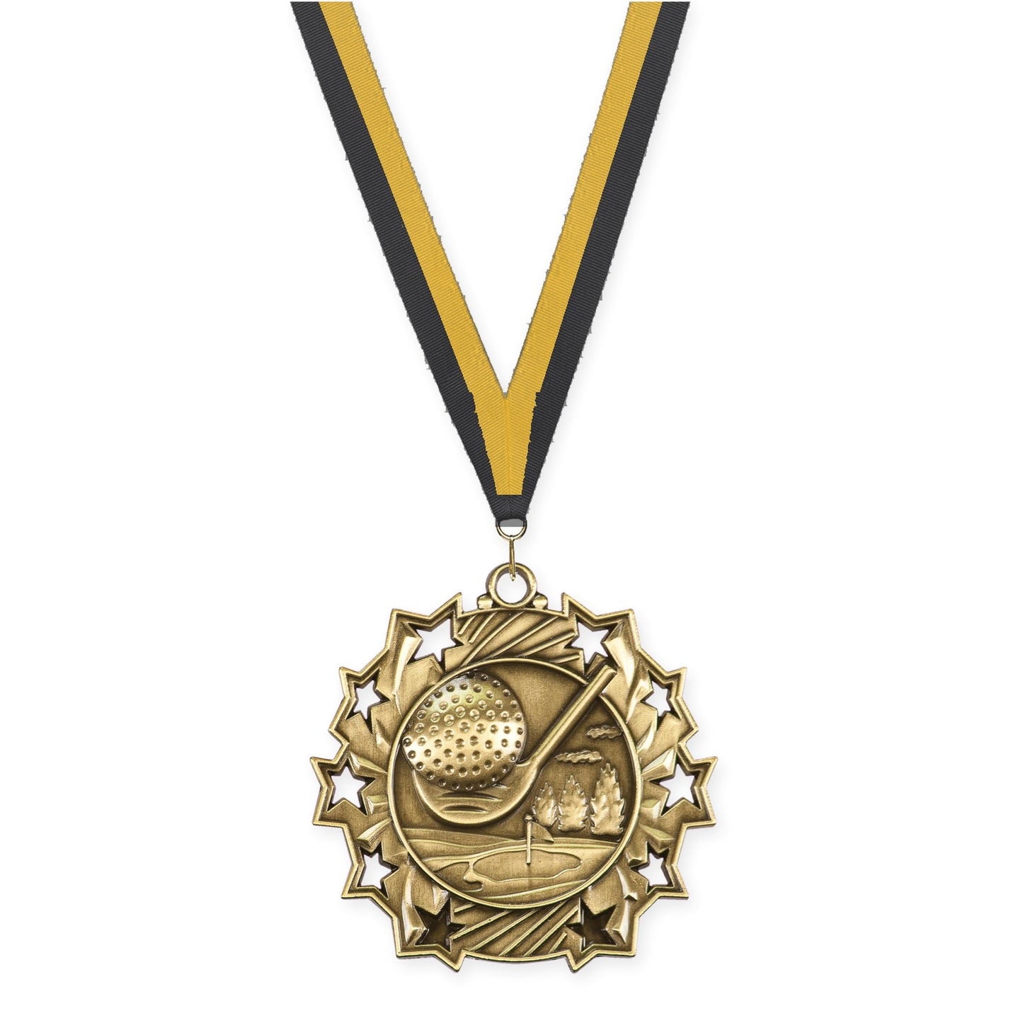 2 1/4 inch golf Ten Star medal in antique gold with Black Gold neck ribbon
