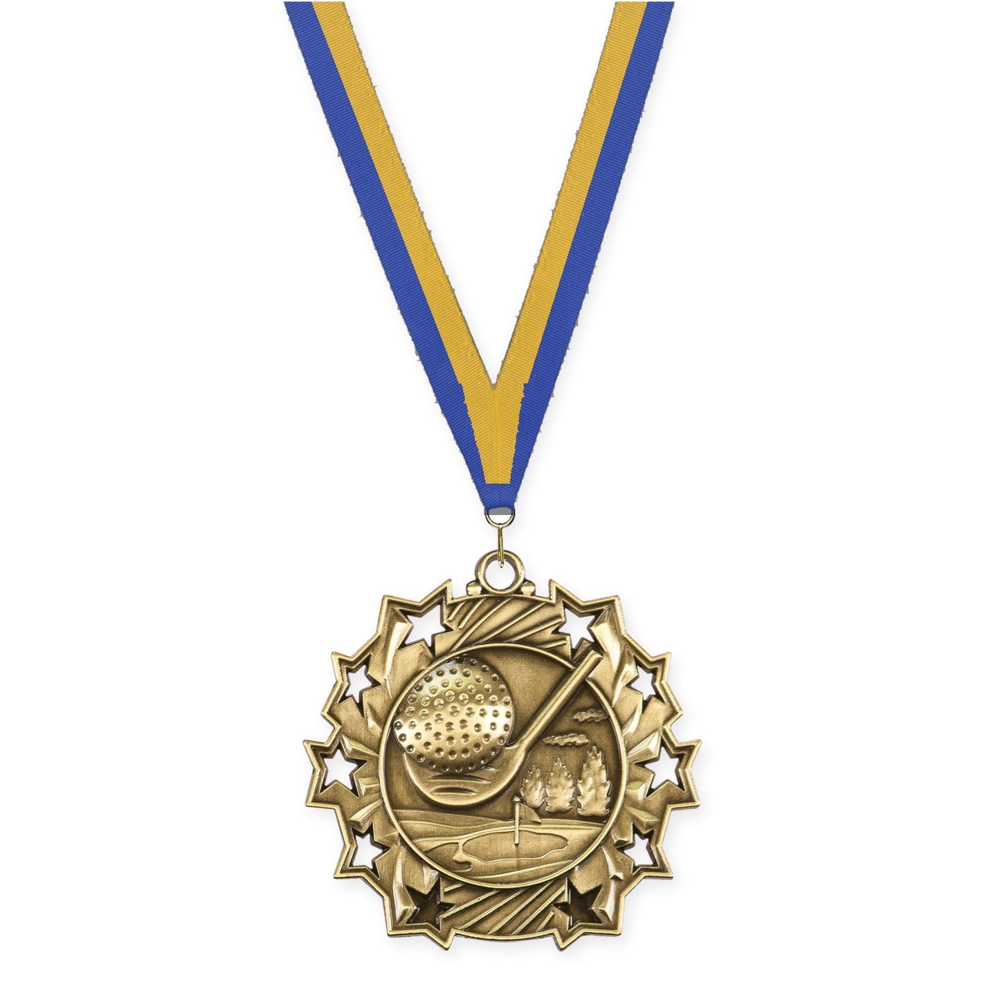 2 1/4 inch golf Ten Star medal in antique gold with Blue Gold neck ribbon