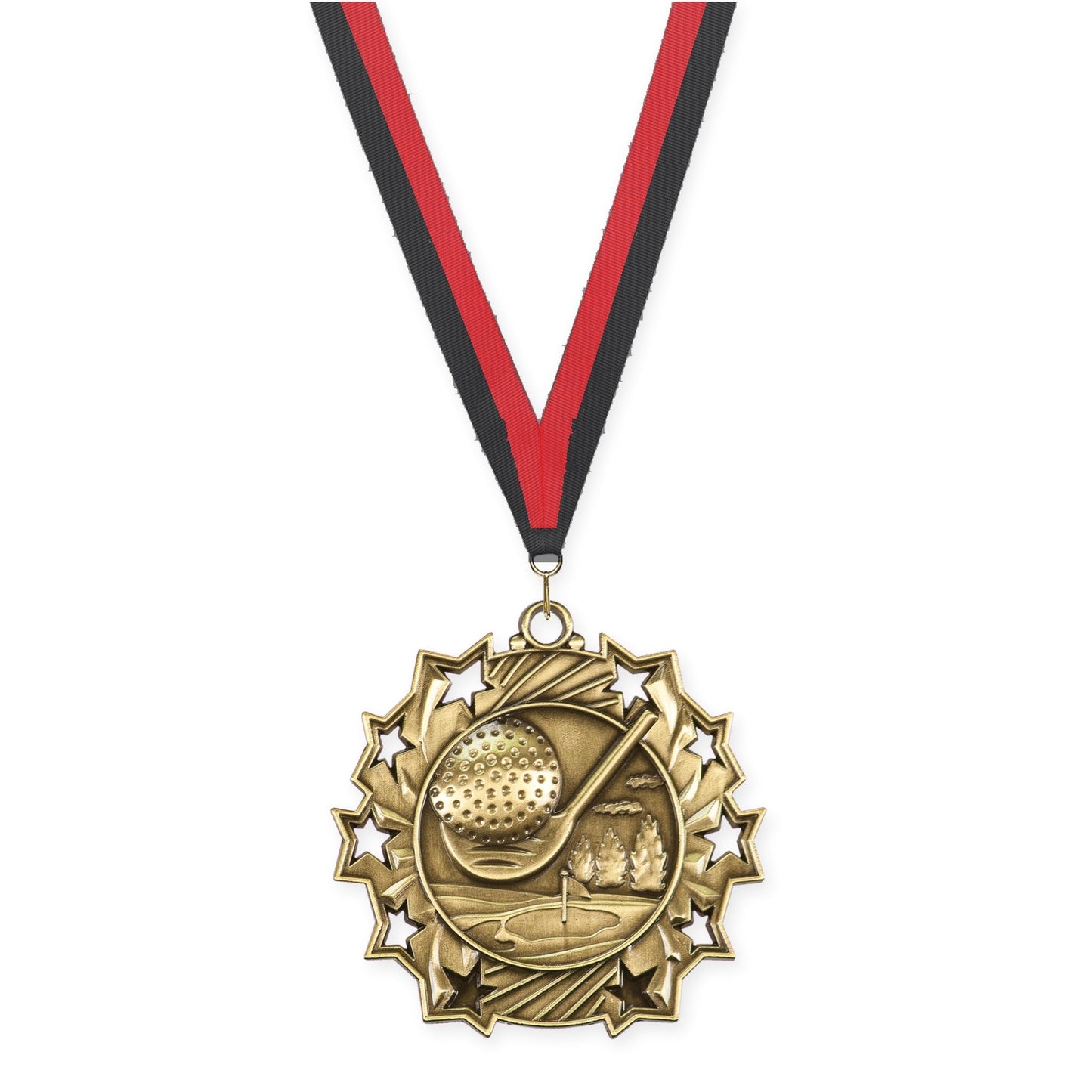 2 1/4 inch golf Ten Star medal in antique gold with Black Red neck ribbon