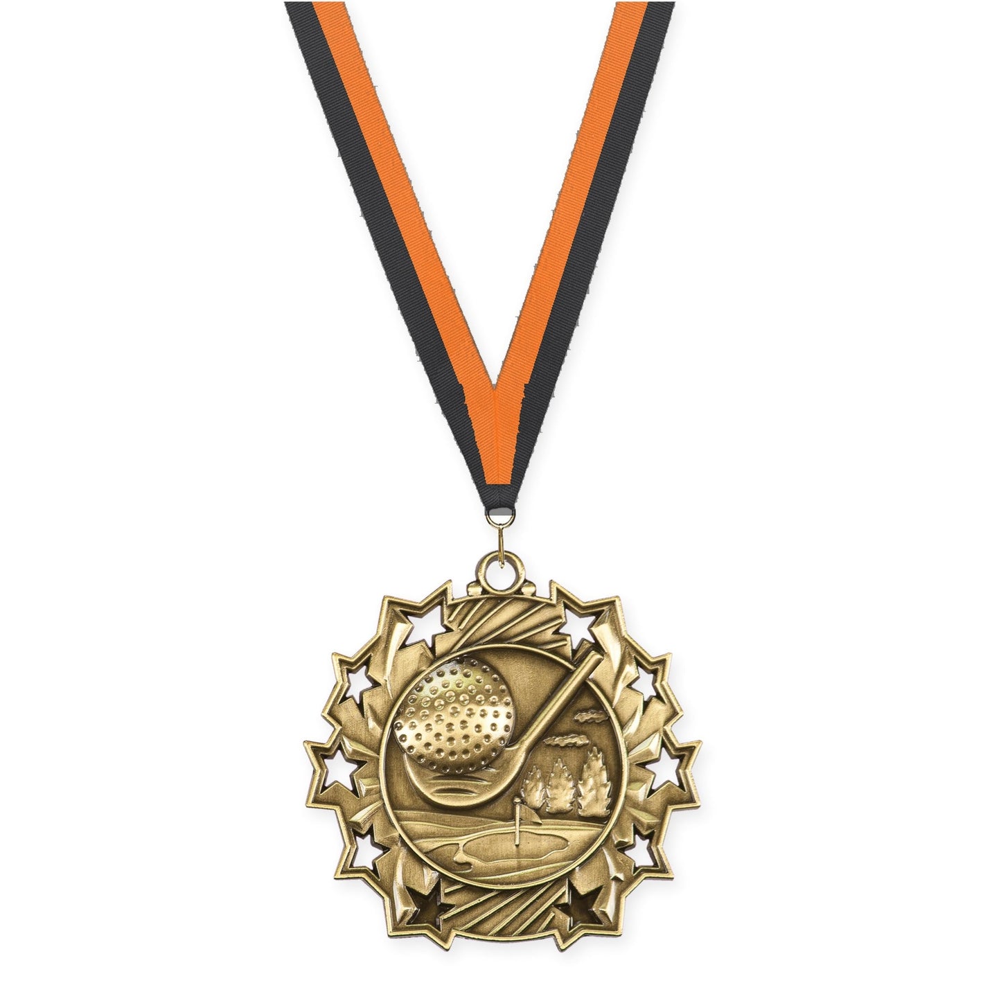 2 1/4 inch golf Ten Star medal in antique gold with Black Orange neck ribbon