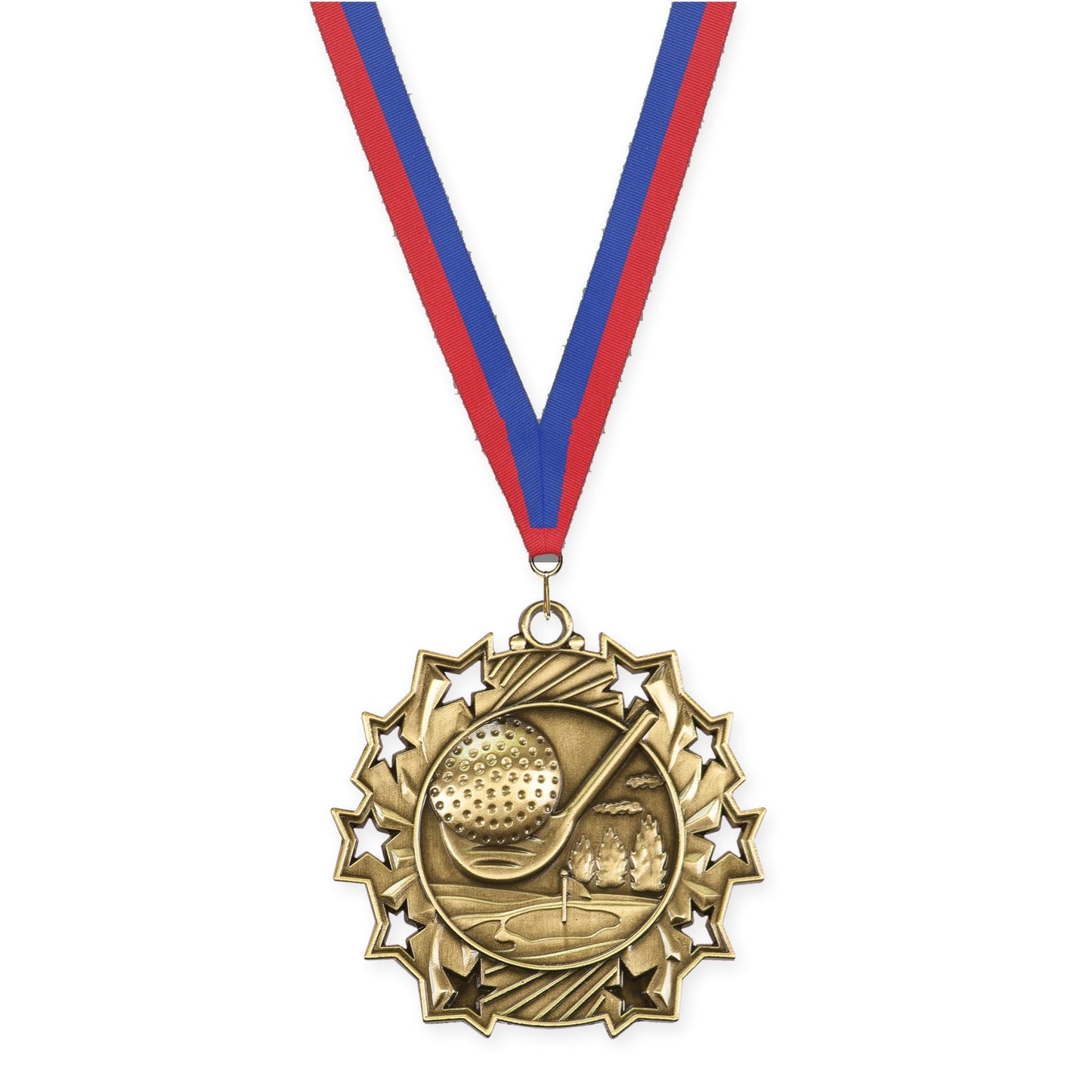 2 1/4 inch golf Ten Star medal in antique gold with Blue Red neck ribbon