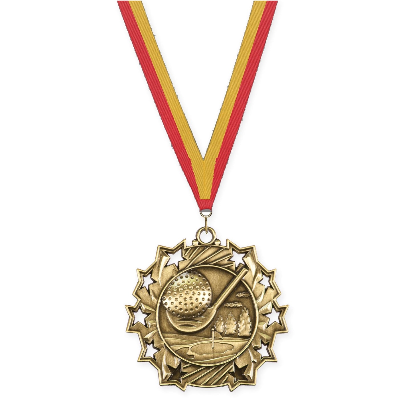 2 1/4 inch golf Ten Star medal in antique gold with Red Gold neck ribbon
