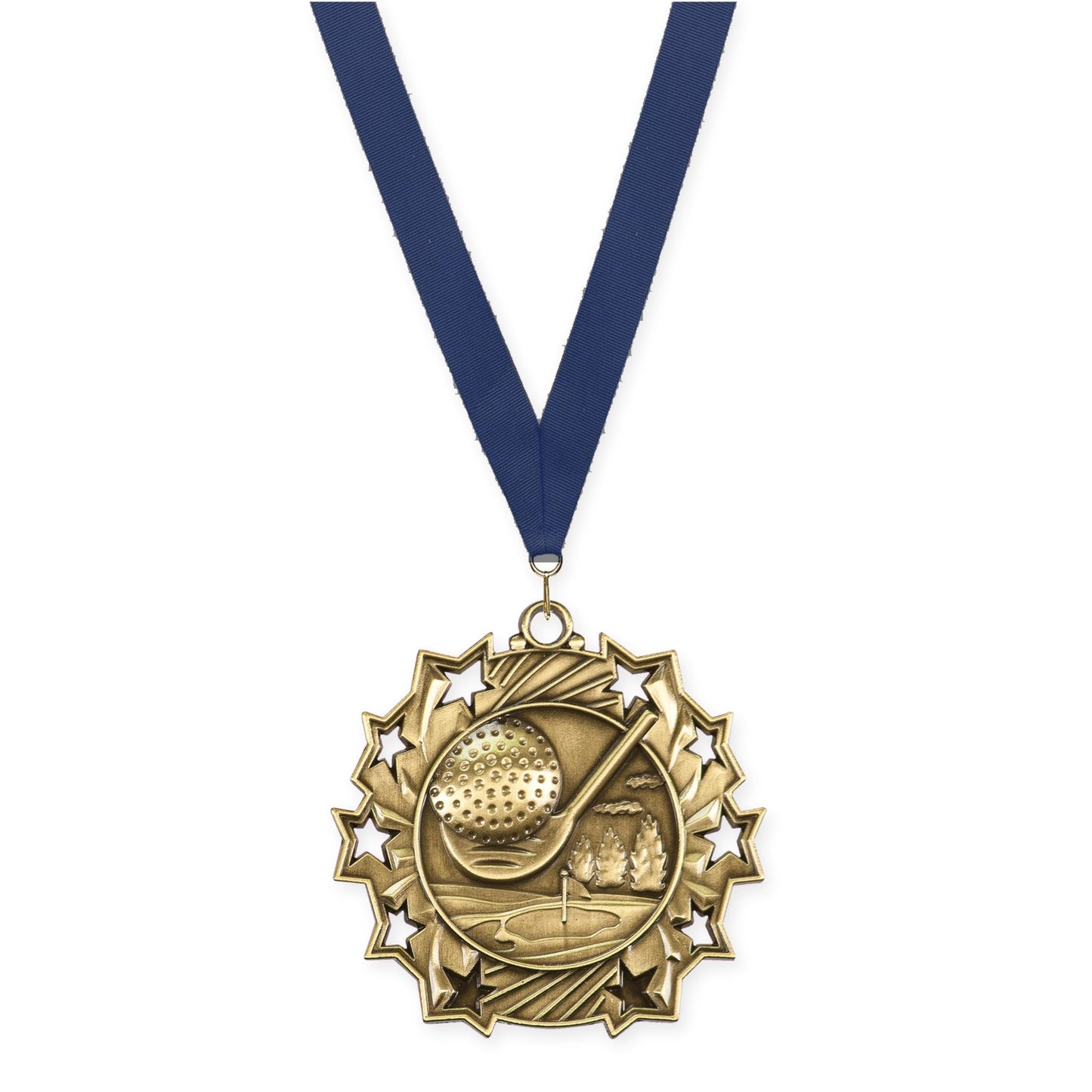 2 1/4 inch golf Ten Star medal in antique gold with Navy neck ribbon