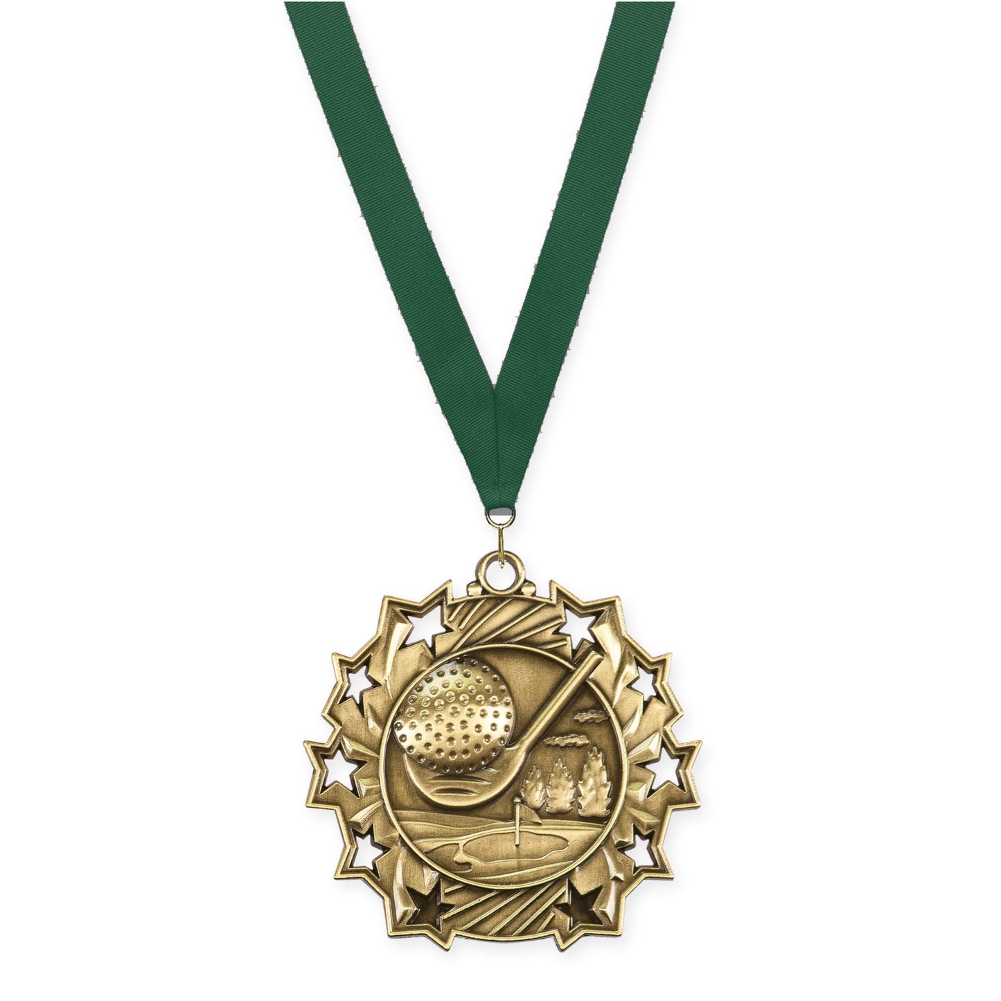 2 1/4 inch golf Ten Star medal in antique gold with Hunter Green neck ribbon