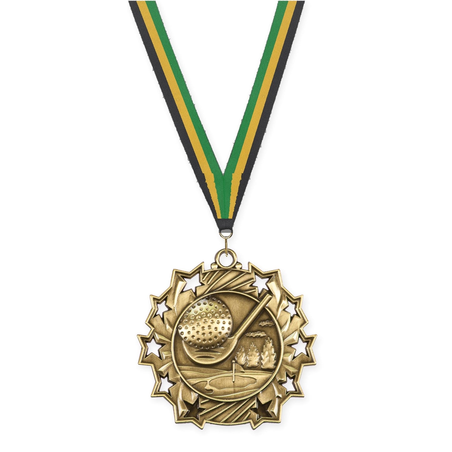 2 1/4 inch golf Ten Star medal in antique gold with Black Gold Green neck ribbon
