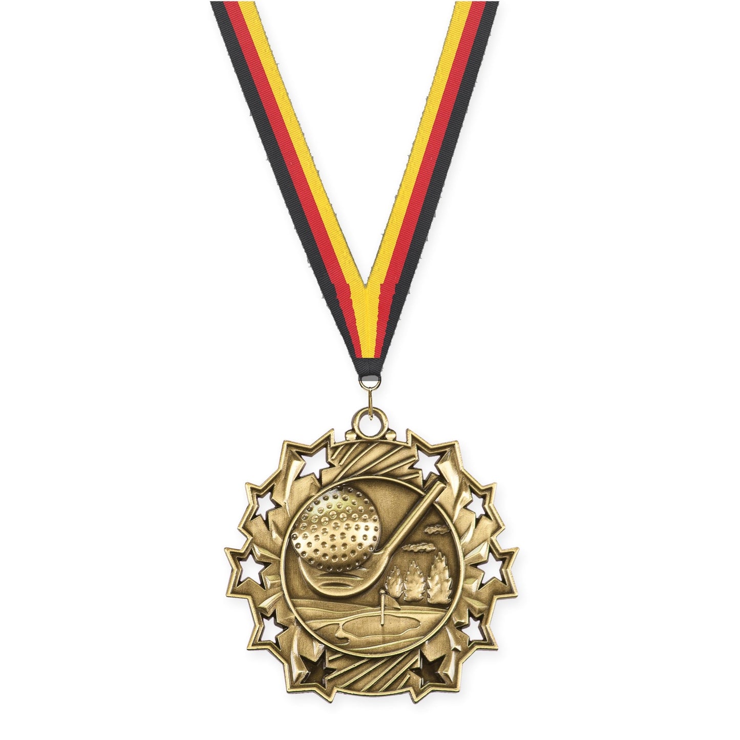 2 1/4 inch golf Ten Star medal in antique gold with Black Red Yellow neck ribbon