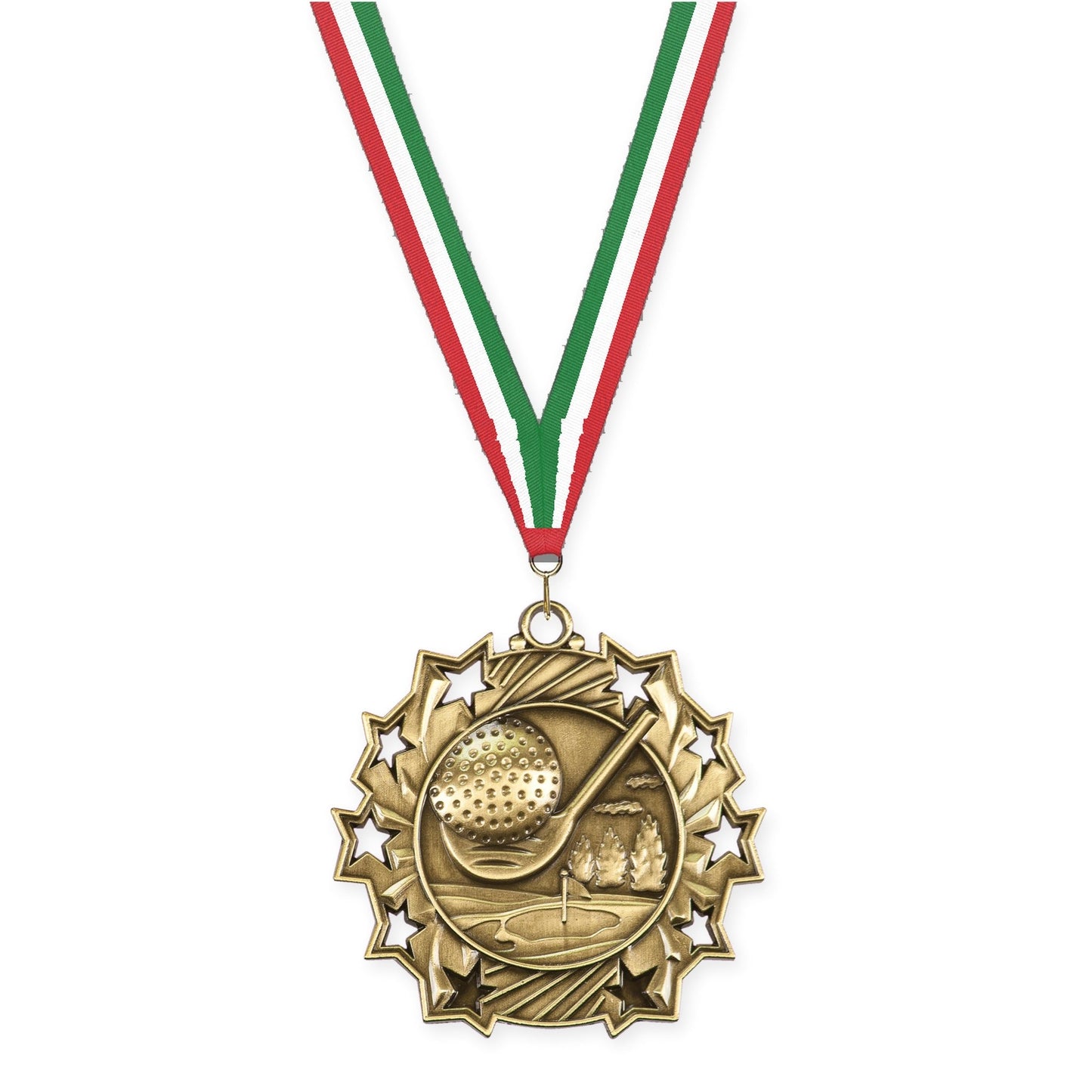 2 1/4 inch golf Ten Star medal in antique gold with Red White Green neck ribbon