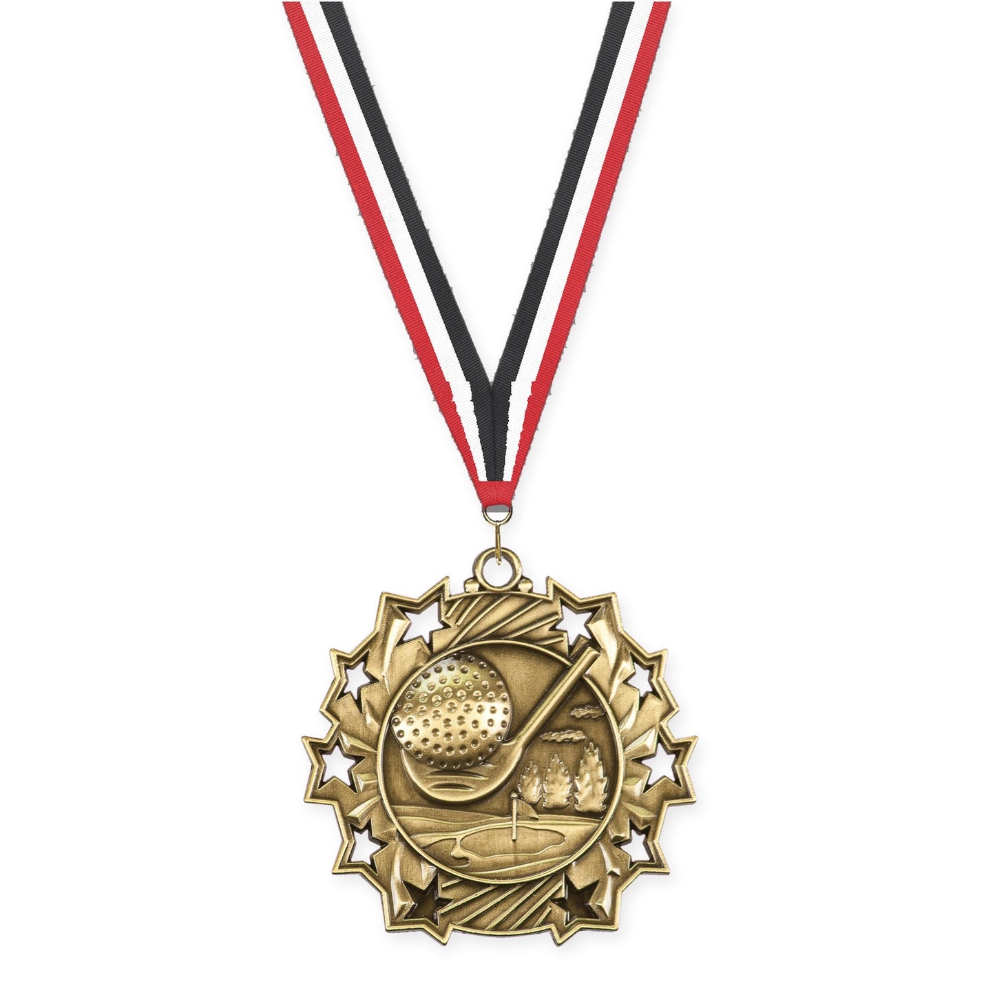 2 1/4 inch golf Ten Star medal in antique gold with Red White Black neck ribbon