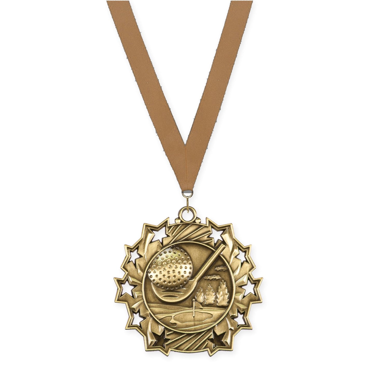 2 1/4 inch golf Ten Star medal in antique gold with Bronze Metallic neck ribbon