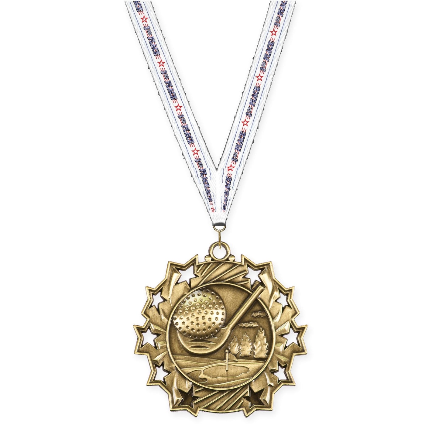 2 1/4 inch golf Ten Star medal in antique gold with 3rd Place neck ribbon