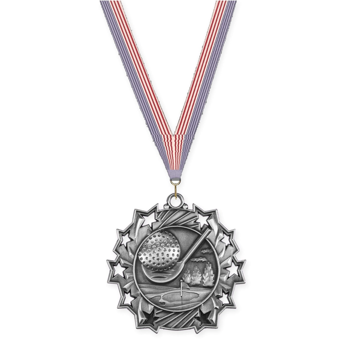 2 1/4 inch golf Ten Star medal in antique silver with USA Flag neck ribbon