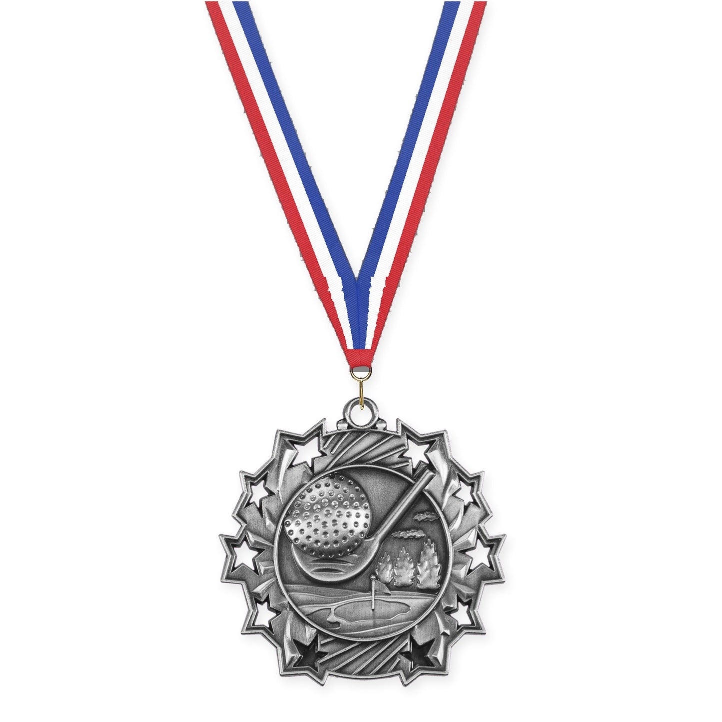 2 1/4 inch golf Ten Star medal in antique silver with Red White Blue neck ribbon