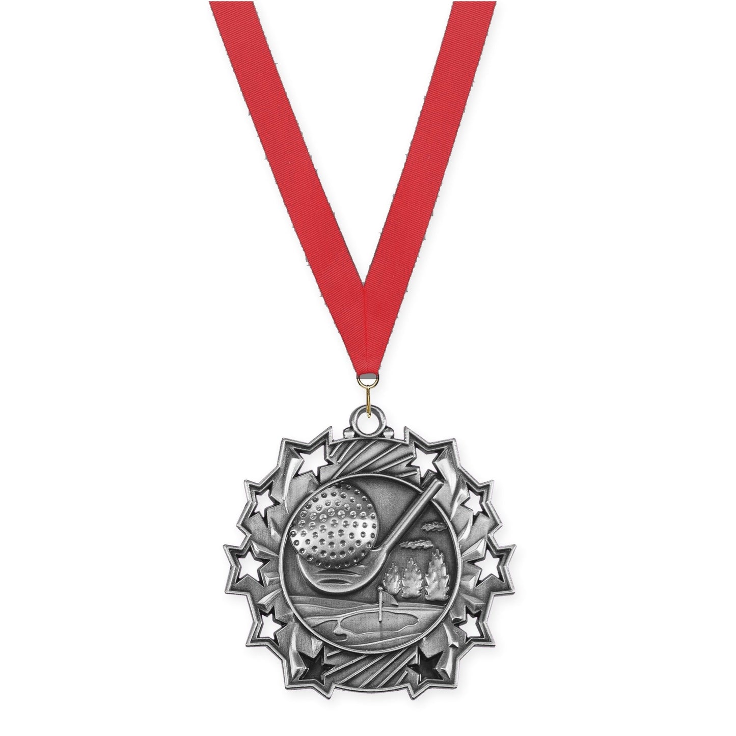 2 1/4 inch golf Ten Star medal in antique silver with Red neck ribbon
