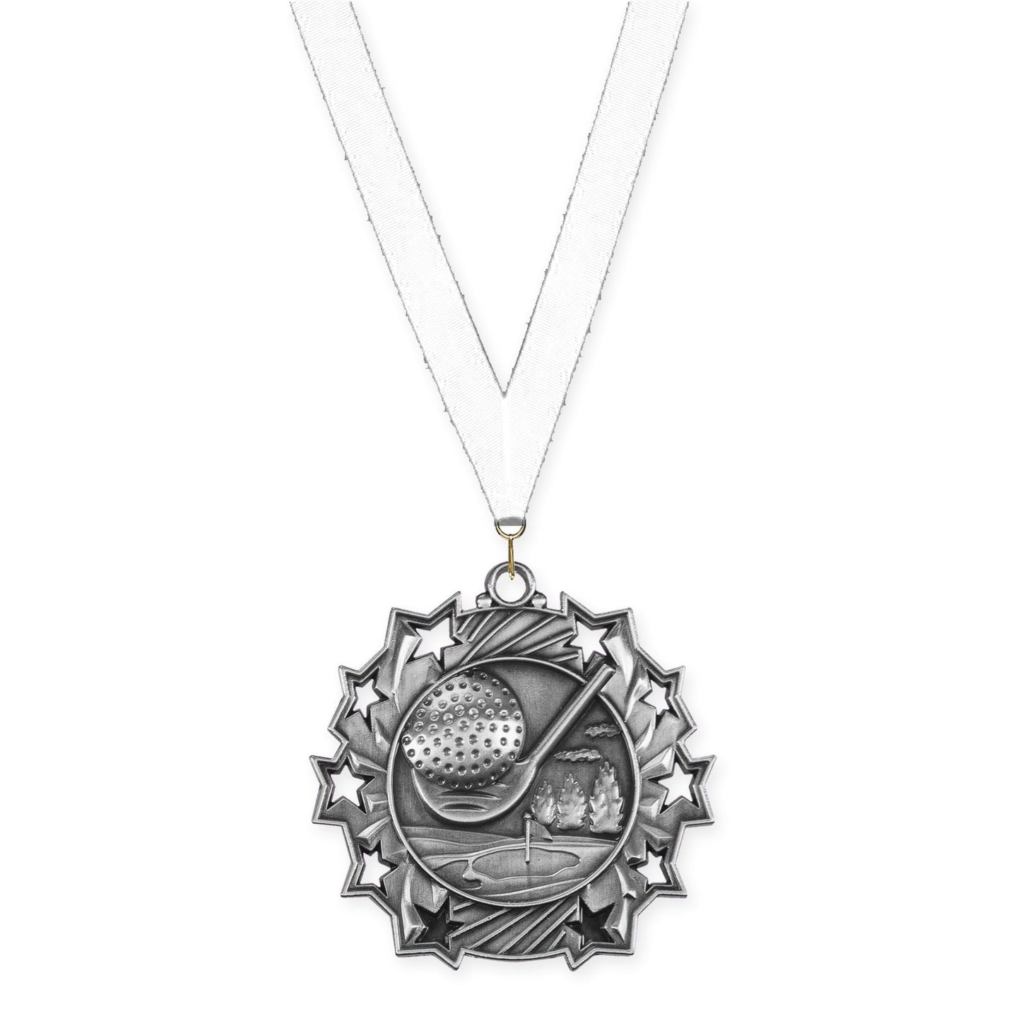2 1/4 inch golf Ten Star medal in antique silver with White neck ribbon