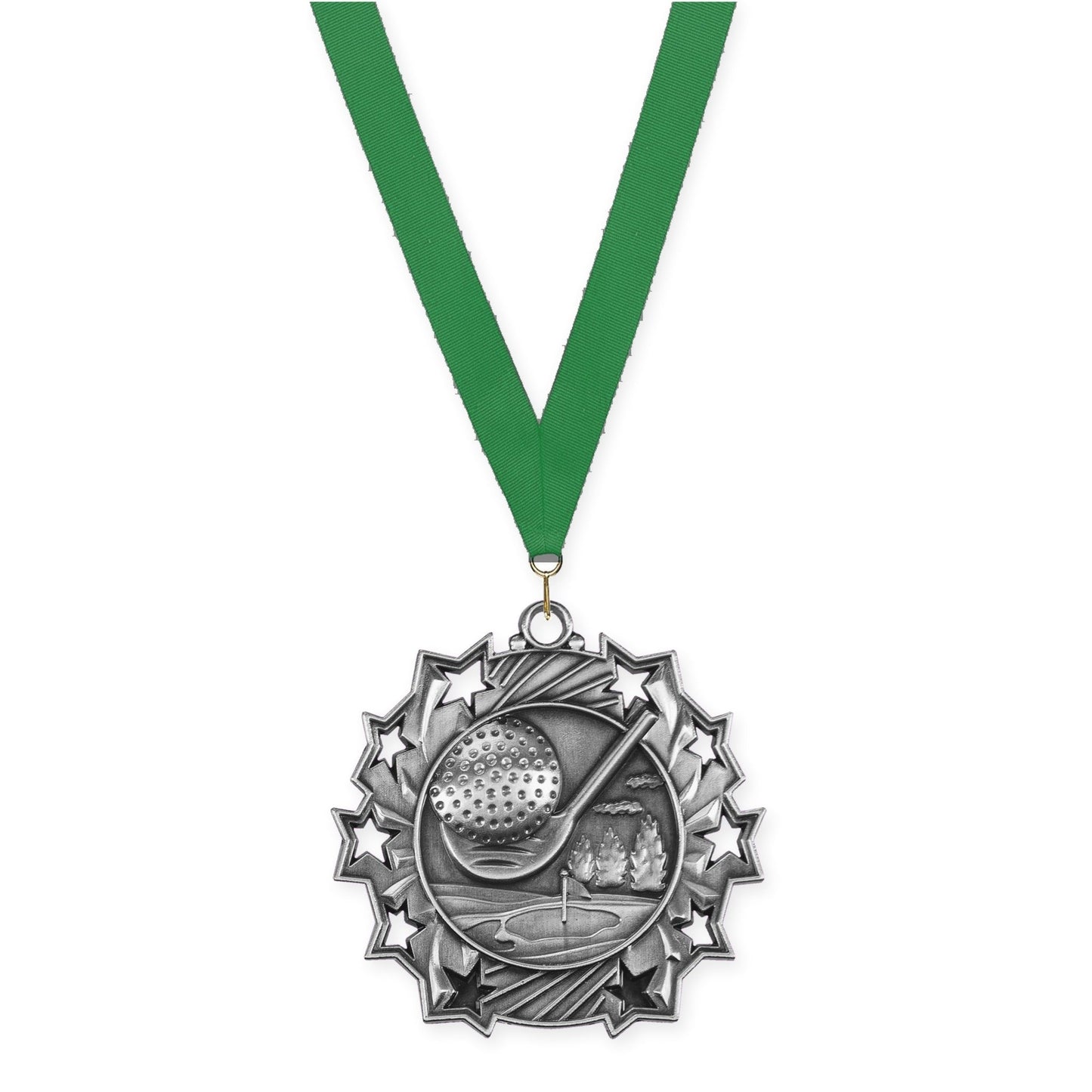 2 1/4 inch golf Ten Star medal in antique silver with Green neck ribbon