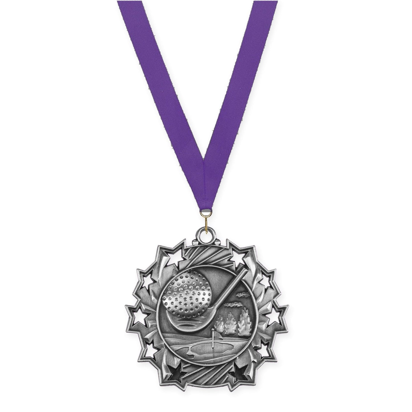 2 1/4 inch golf Ten Star medal in antique silver with Purple neck ribbon