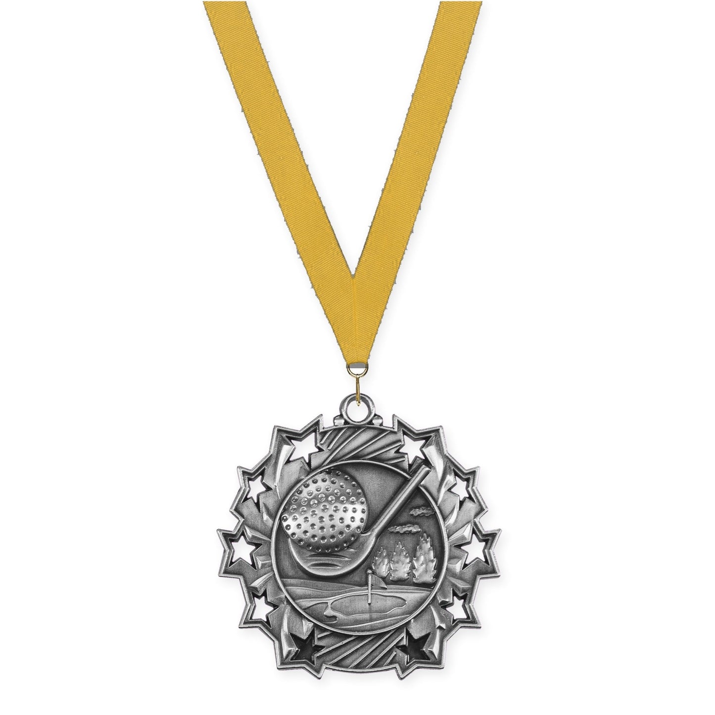 2 1/4 inch golf Ten Star medal in antique silver with Gold neck ribbon