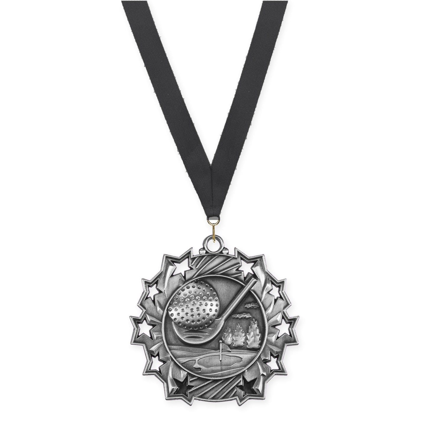 2 1/4 inch golf Ten Star medal in antique silver with Black neck ribbon