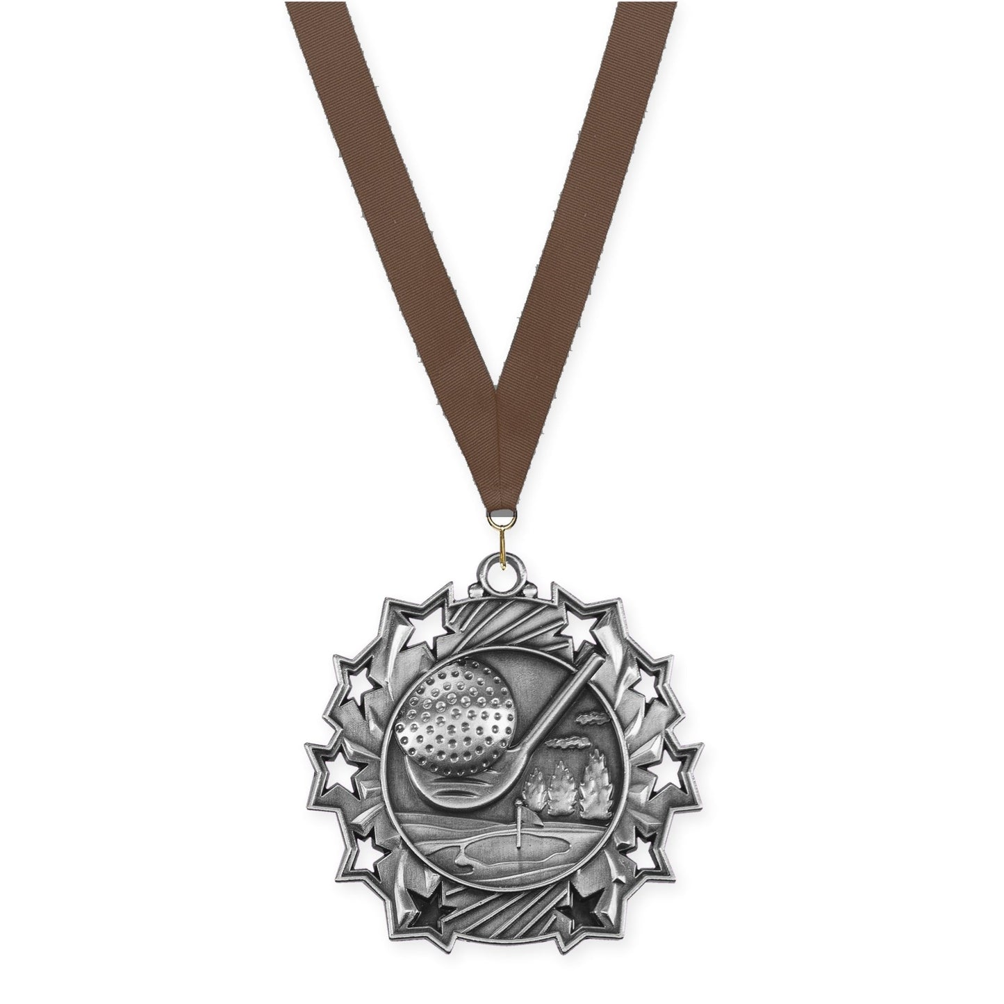 2 1/4 inch golf Ten Star medal in antique silver with Brown neck ribbon