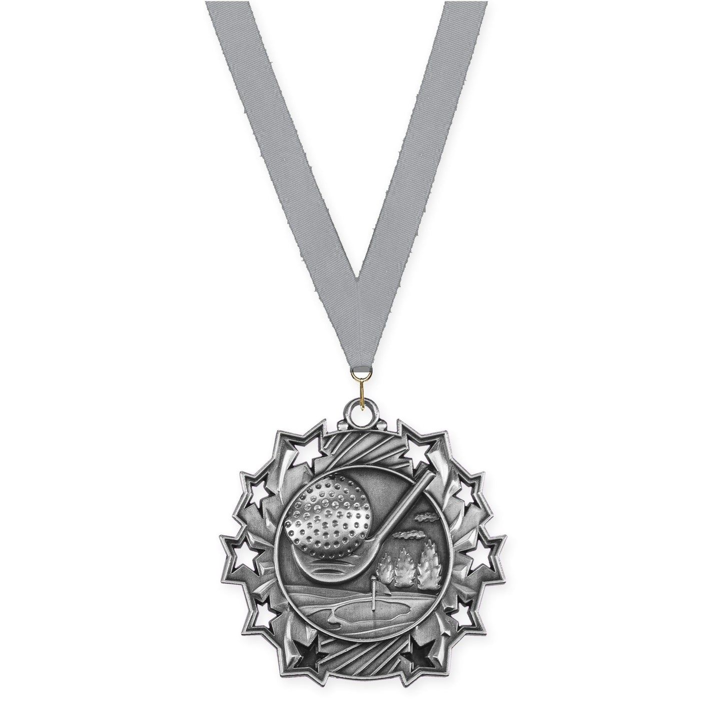 2 1/4 inch golf Ten Star medal in antique silver with Gray neck ribbon