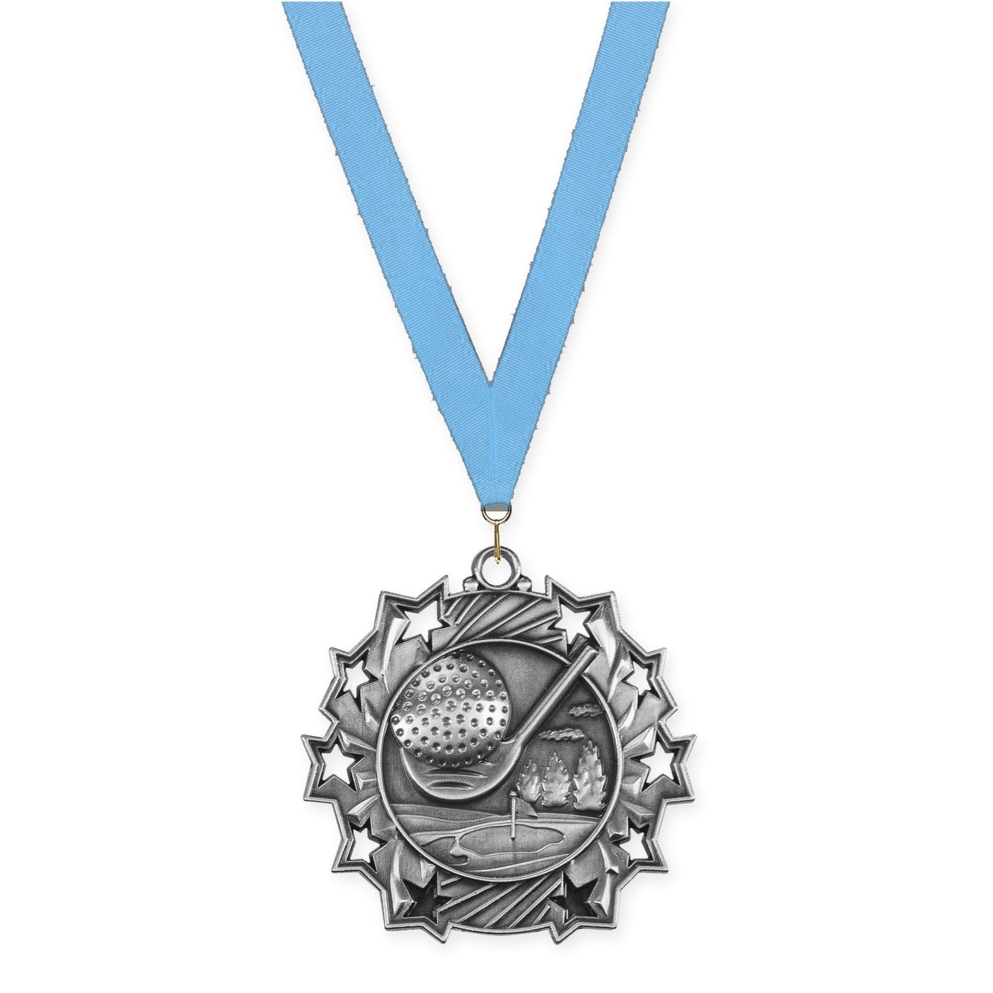 2 1/4 inch golf Ten Star medal in antique silver with Light Blue neck ribbon