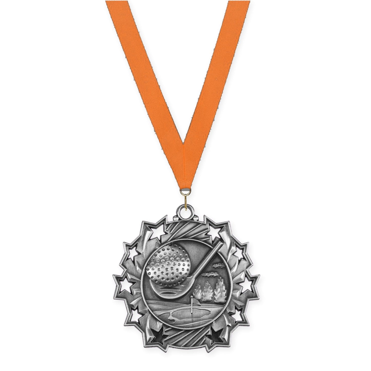 2 1/4 inch golf Ten Star medal in antique silver with Orange neck ribbon