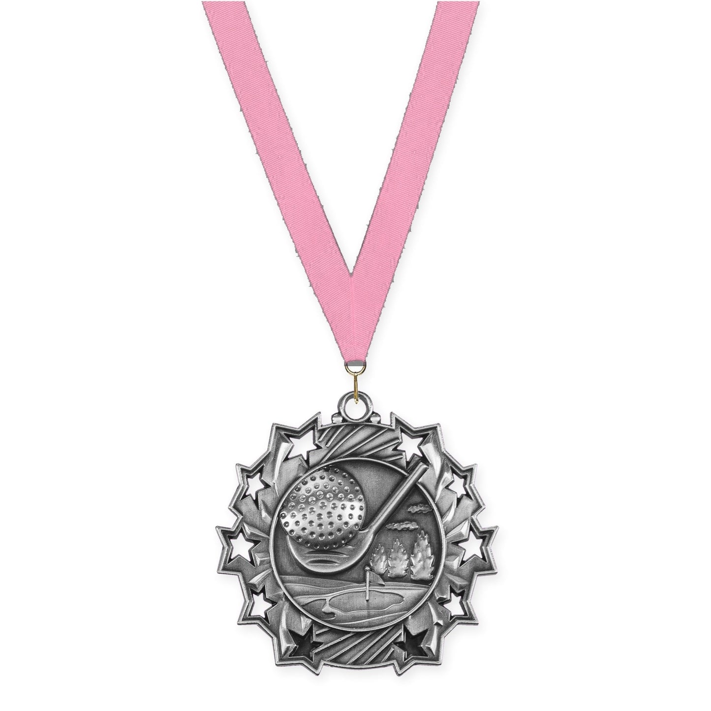 2 1/4 inch golf Ten Star medal in antique silver with Pink neck ribbon