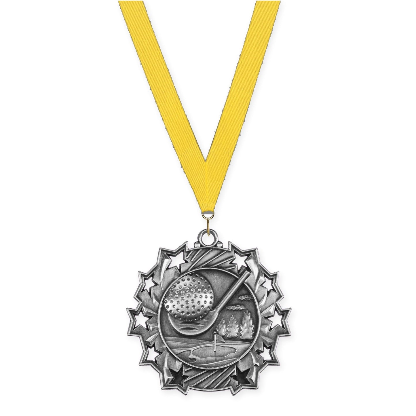 2 1/4 inch golf Ten Star medal in antique silver with Yellow neck ribbon