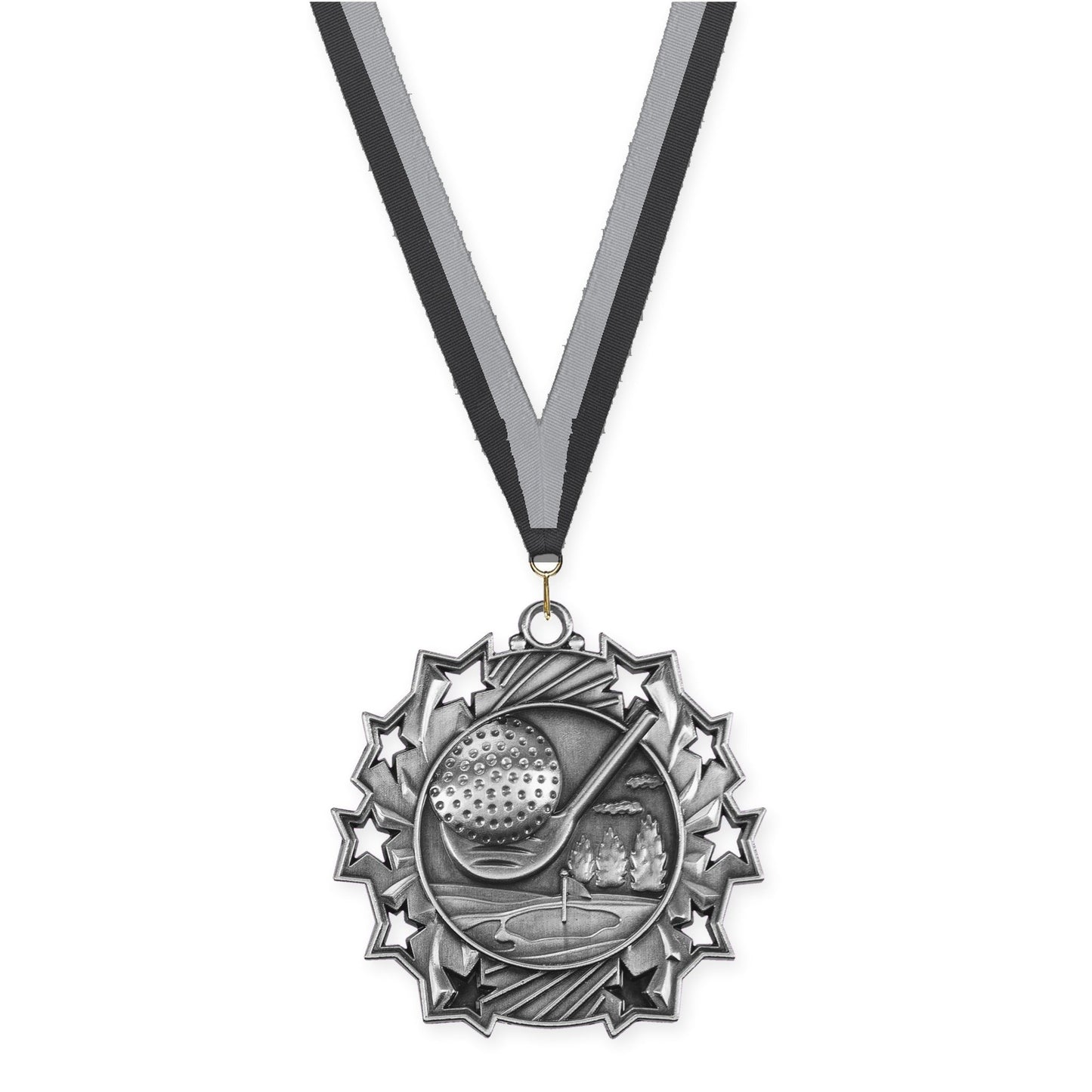 2 1/4 inch golf Ten Star medal in antique silver with Black Gray neck ribbon